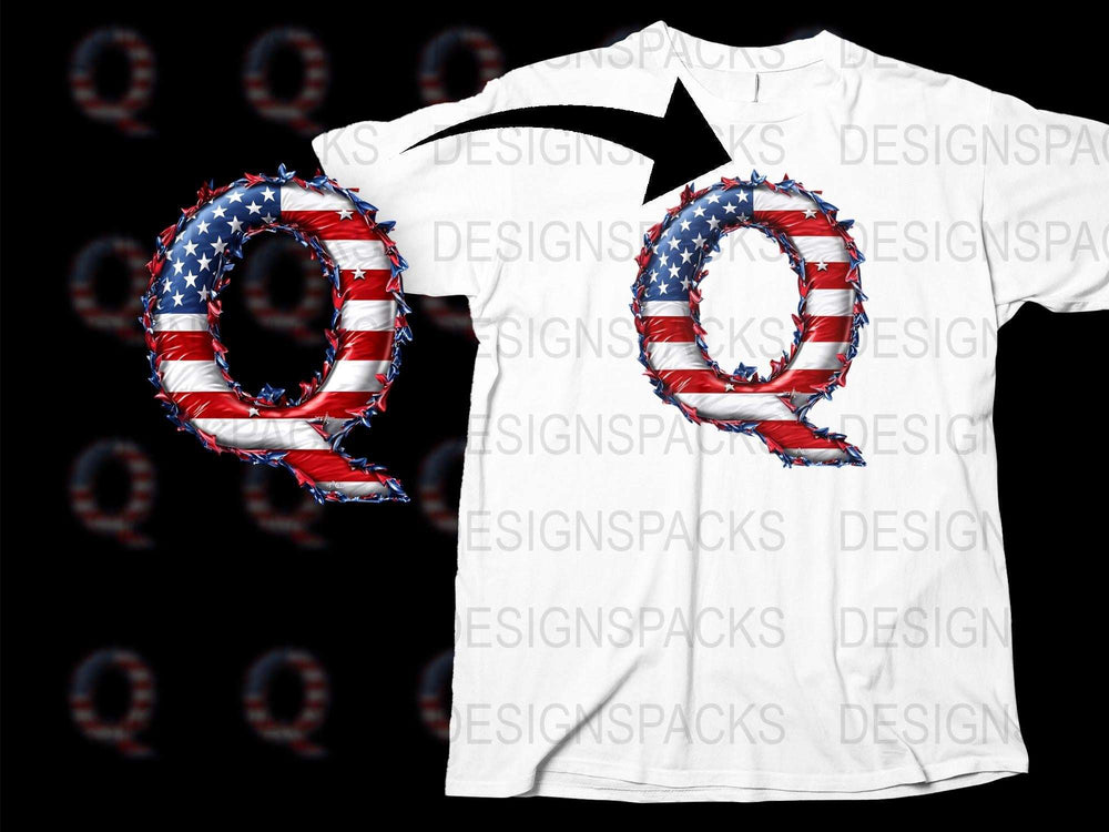 Patriotic Q Letter T-Shirt, American Flag Print, Unisex USA Flag Alphabet Tee