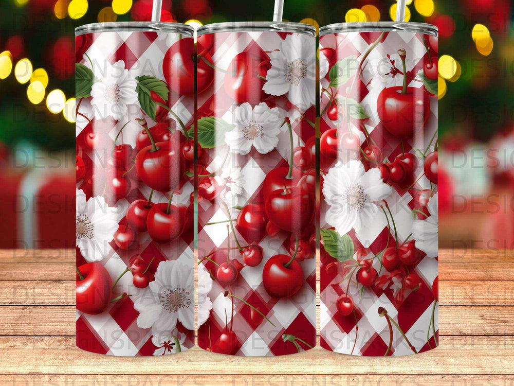 Red and white checkered tumbler with cherries and white flowers.