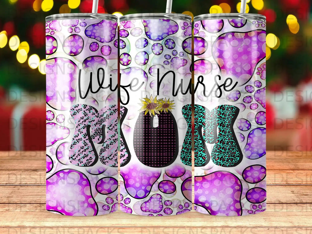 Wife Mom Nurse tumbler with purple, pink, and leopard print pattern.