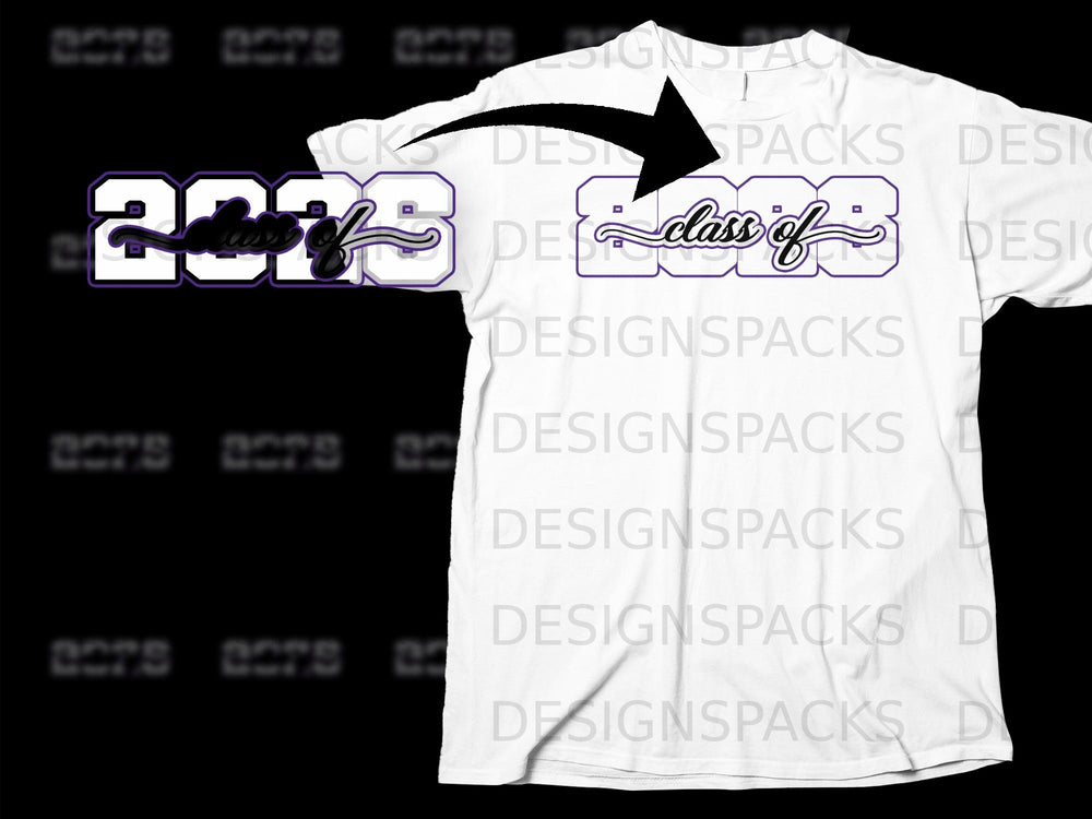 White t-shirt with "Class of 2023" text in purple and white.