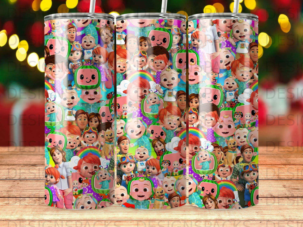 Collage of CoComelon characters on a tumbler with colorful bokeh lights.
