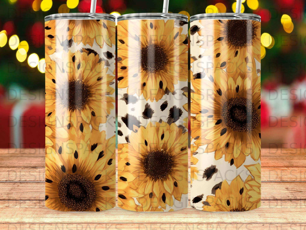 Three tumblers with a sunflower and leopard print design.