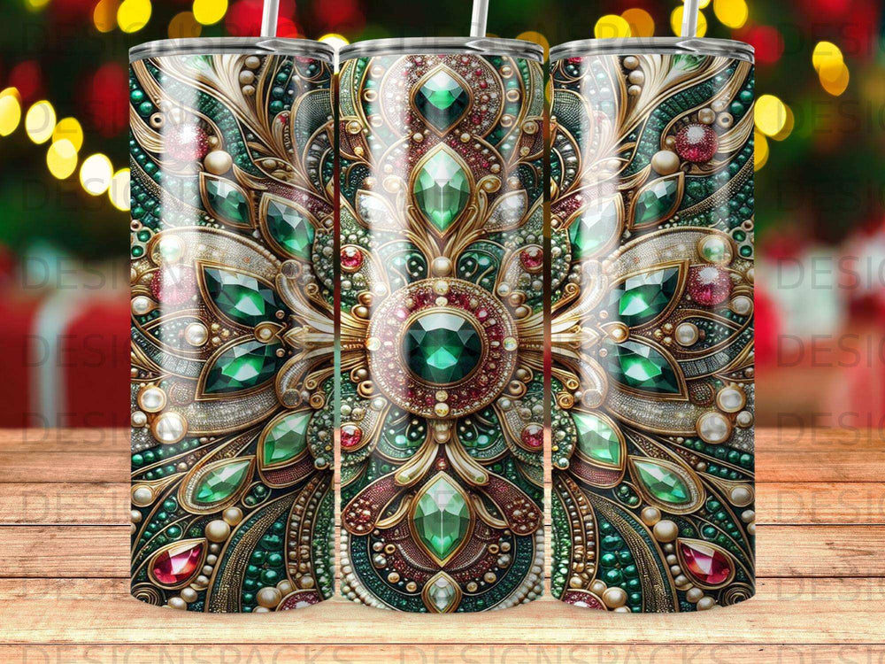 Ornate tumbler design with emerald green and ruby red jeweled patterns.