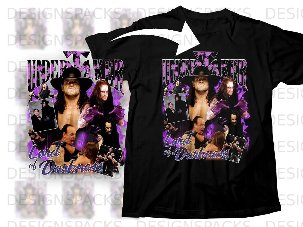 T-shirt with "The Undertaker Lord of Darkness" graphic and wrestling images.
