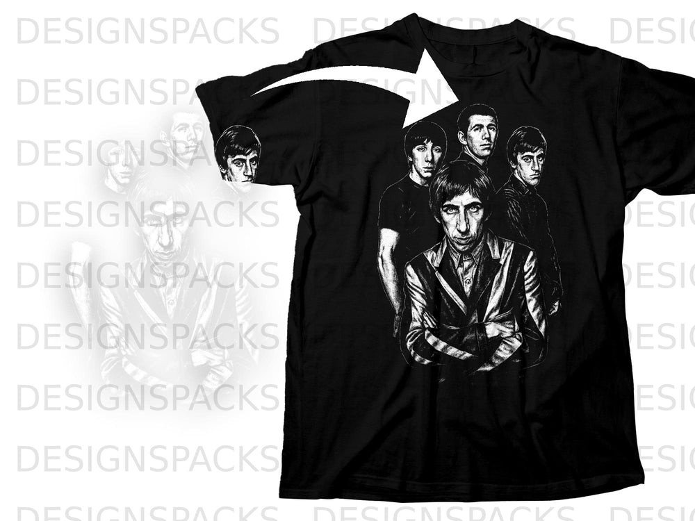 Black t-shirt with a white drawing of a band of five men.