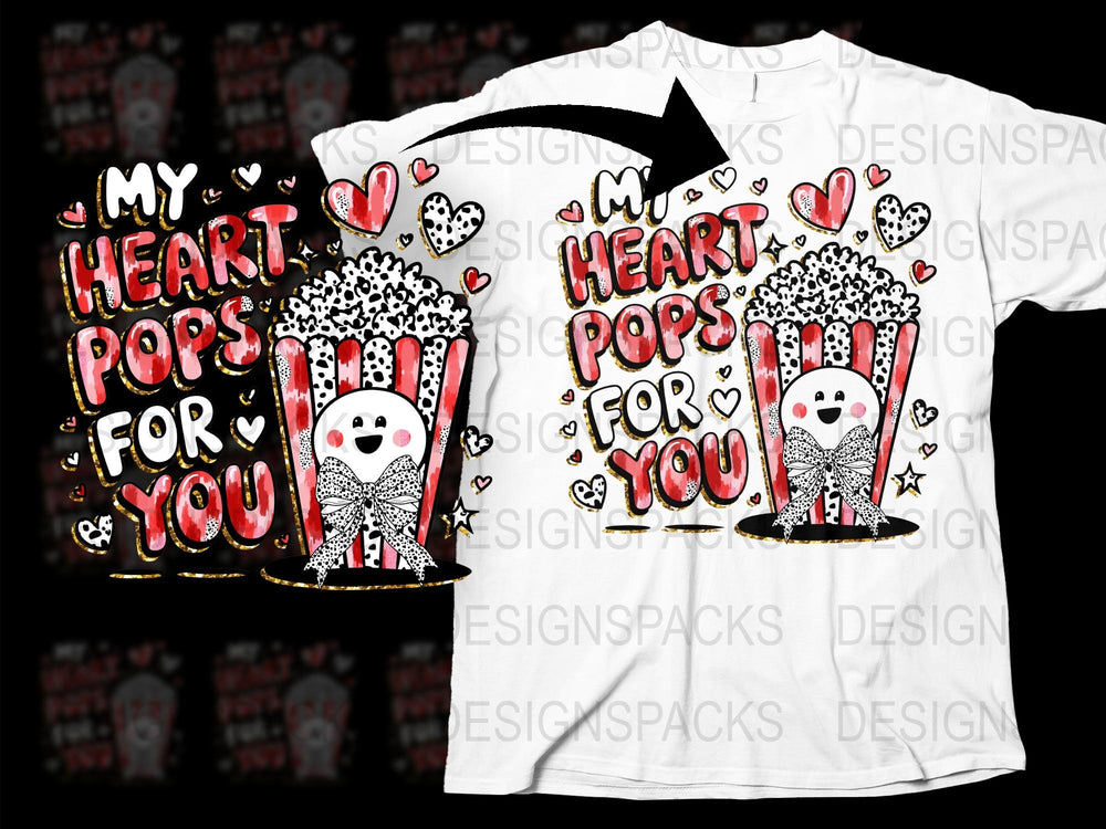 Valentine's Day T-Shirt My Heart Pops for You, Couples Popcorn Tee, Romantic Graphic Shirt, Love and Hearts Design Top