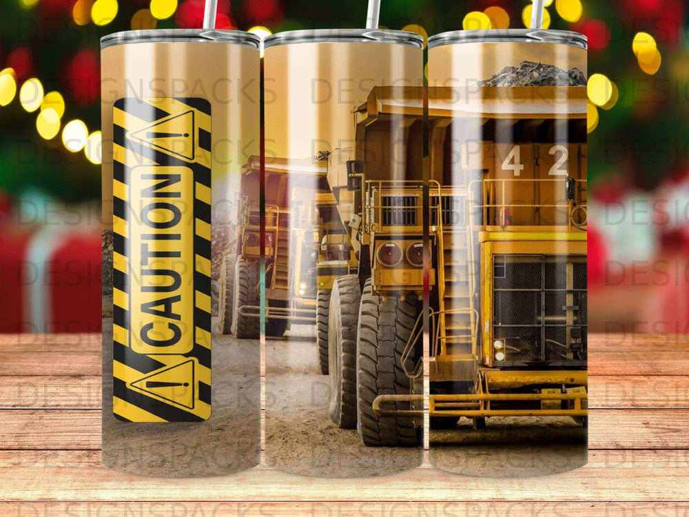 Yellow and black caution tape pattern on a tumbler.
