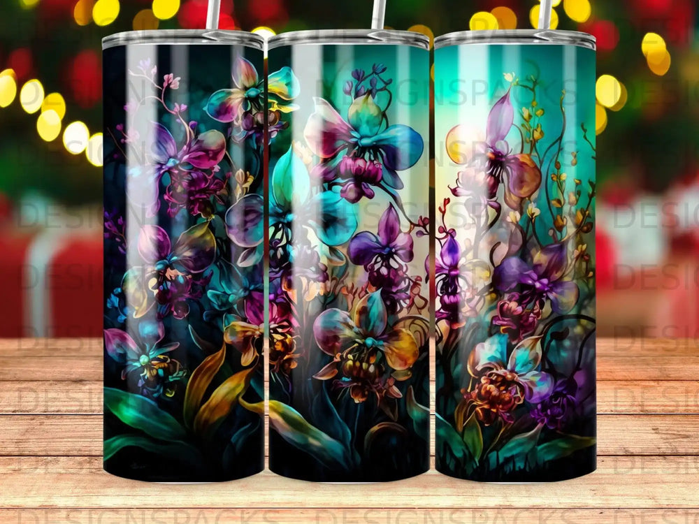 Floral tumbler design with vibrant orchids and dark green leaves.