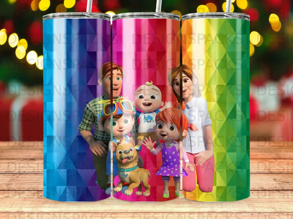 Cartoon characters from The Boss Baby and Peppa Pig on colorful tumblers.