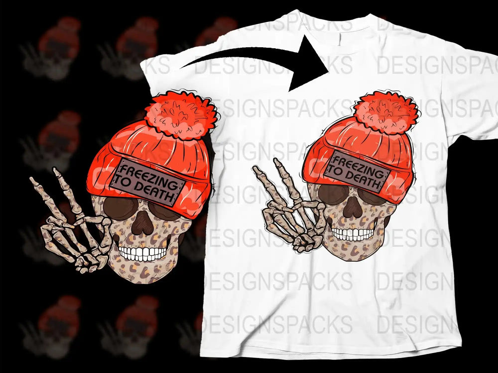 Freezing to Death Skull Graphic T-Shirt, Orange Beanie Hat, Cool Winter Hipster Fashion, Men's Women's Unisex Tee