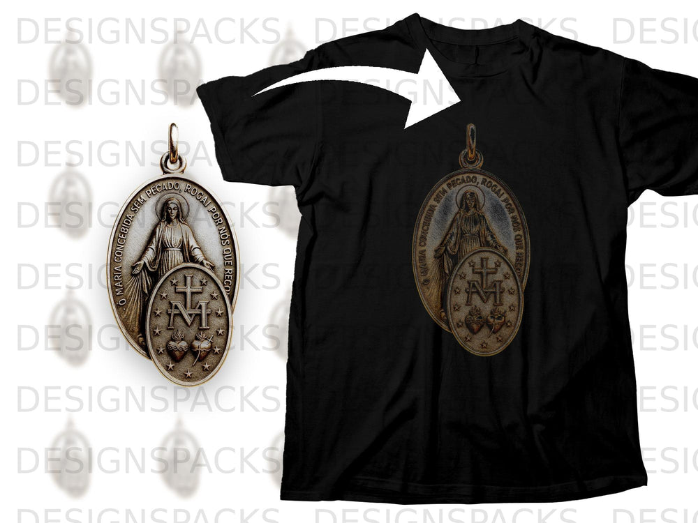 Black t-shirt with Miraculous Medal design featuring Virgin Mary and symbols.