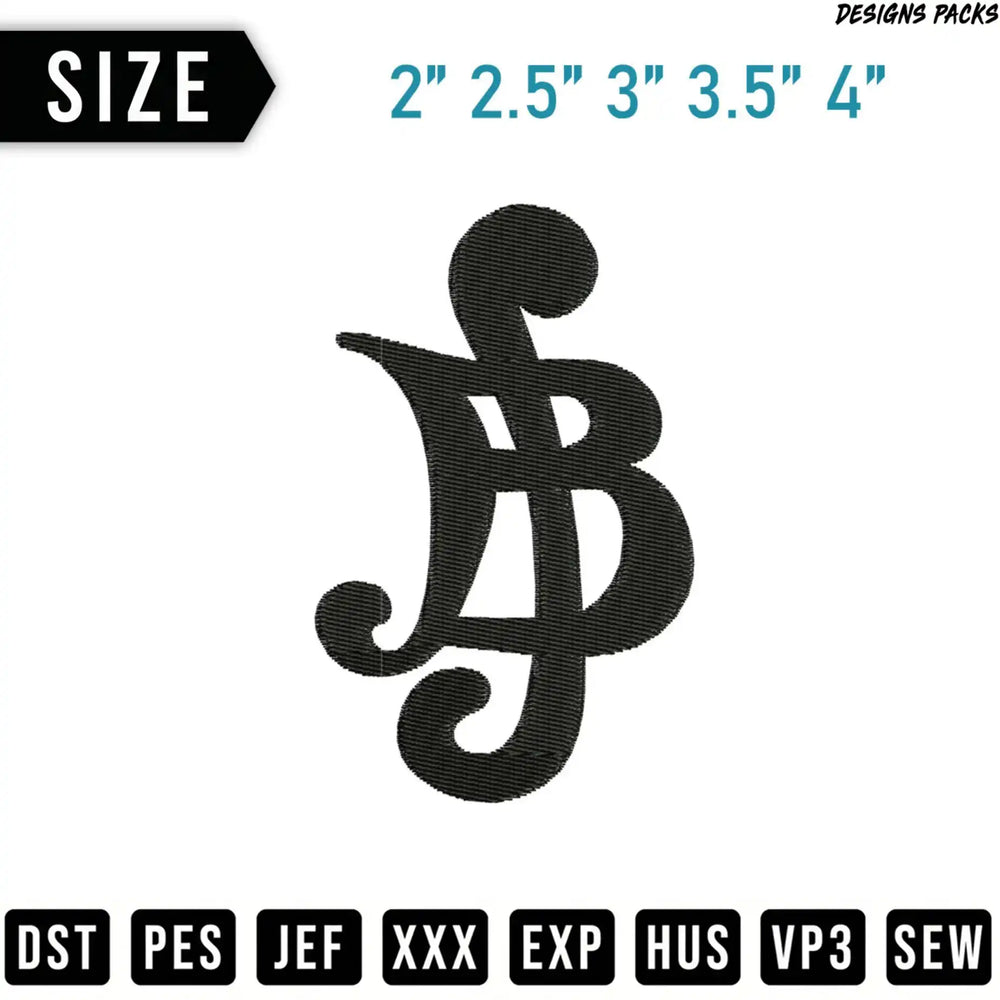 Black "JB" monogram logo with size and format options listed.