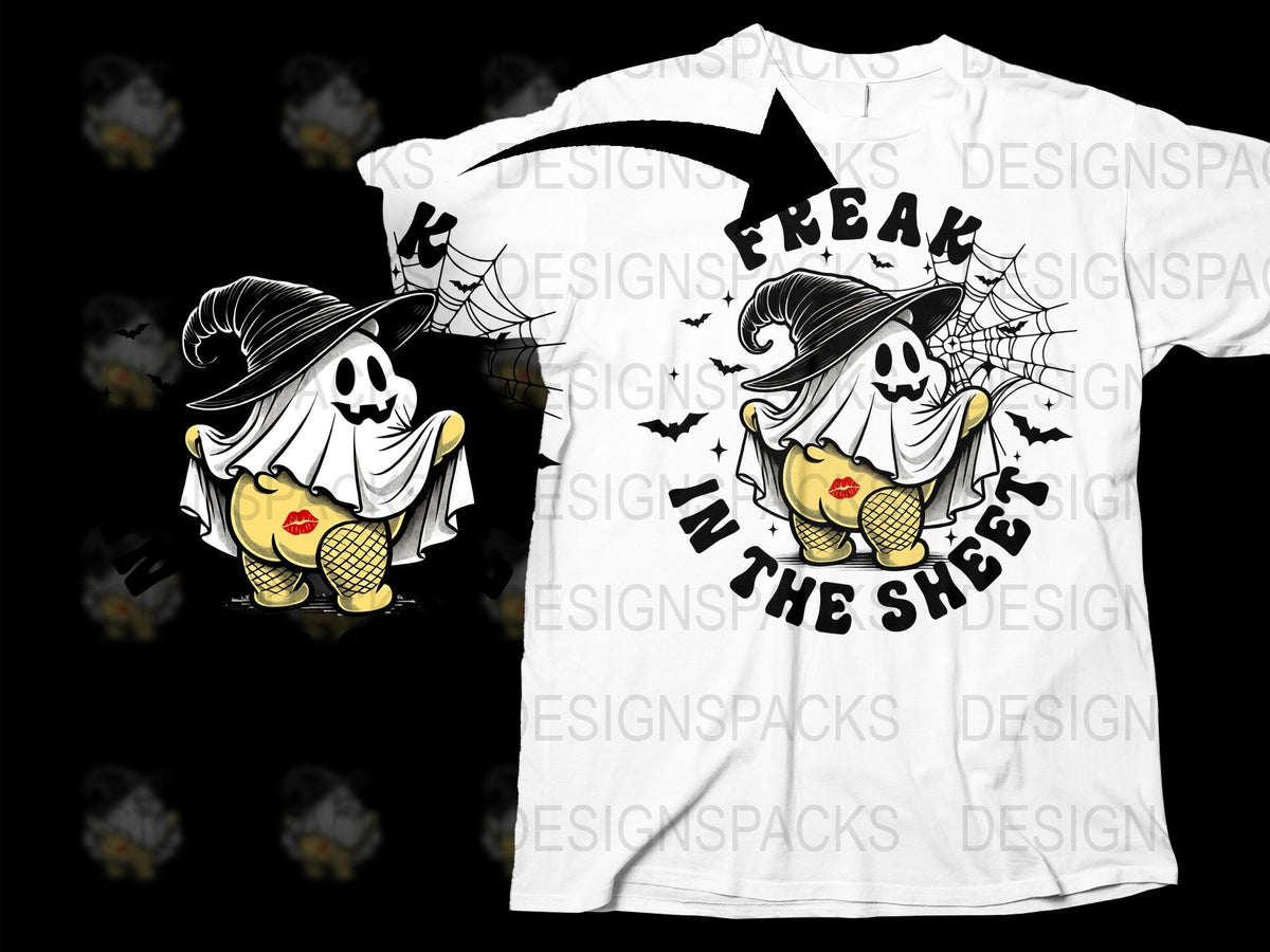 Freak in the Sheets Funny Ghost T-Shirt, Halloween Graphic Tee, Spooky Cute Ghost with Lantern, Unisex Halloween Shirt Designs