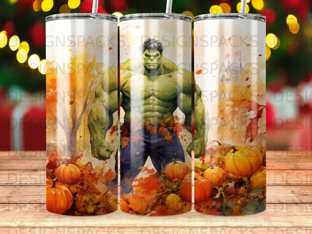 Hulk standing amongst pumpkins and autumn leaves on a tumbler design.