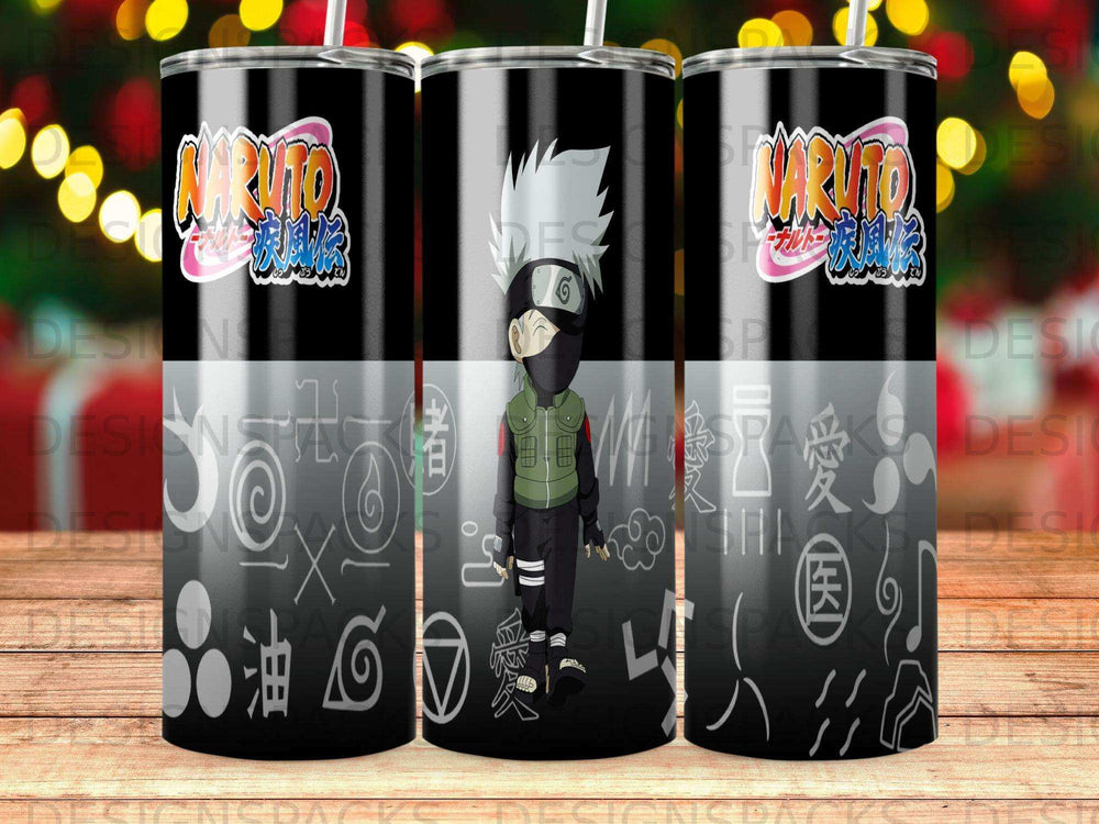 Naruto character on a black tumbler with Japanese characters and symbols.
