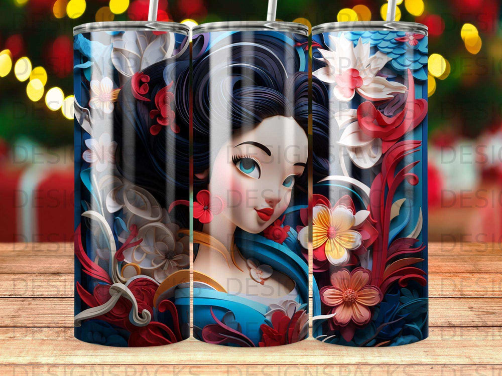 Woman with dark hair, blue eyes, and a floral pattern on a tumbler.