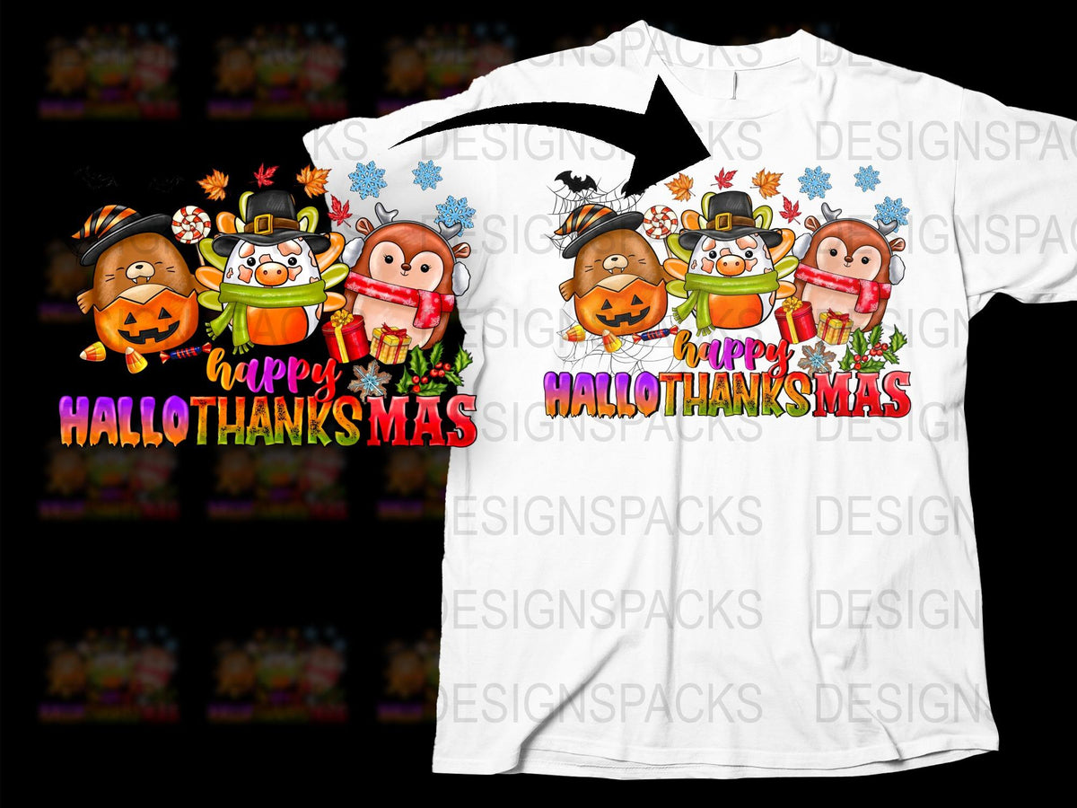 Cute Holiday Animals T-Shirt, Happy Hallothanksmas, Pumpkin, Turkey, Gifts, Festive Seasonal Tee
