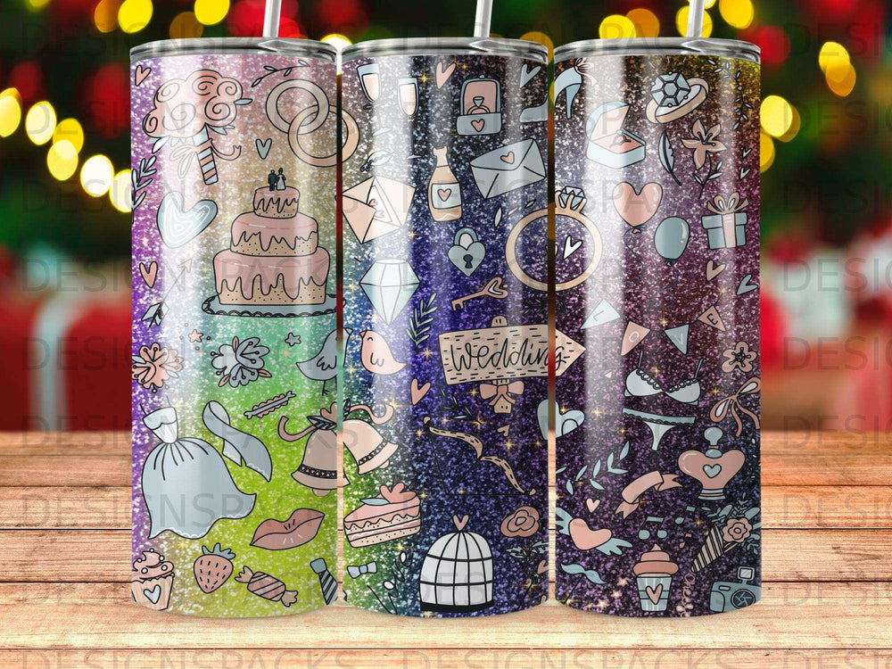 Tumbler with wedding-themed icons on a gradient glitter background.