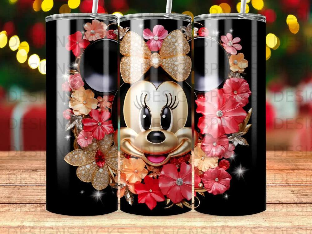 Minnie Mouse face with floral accents on a black striped tumbler.