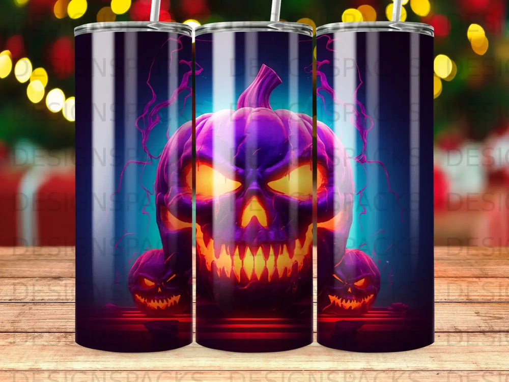 Spooky purple jack-o'-lantern with glowing eyes and jagged teeth, emanating lightning.