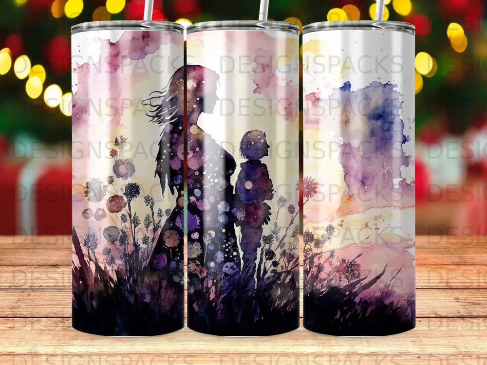 Watercolor silhouette of parent and child against floral background.