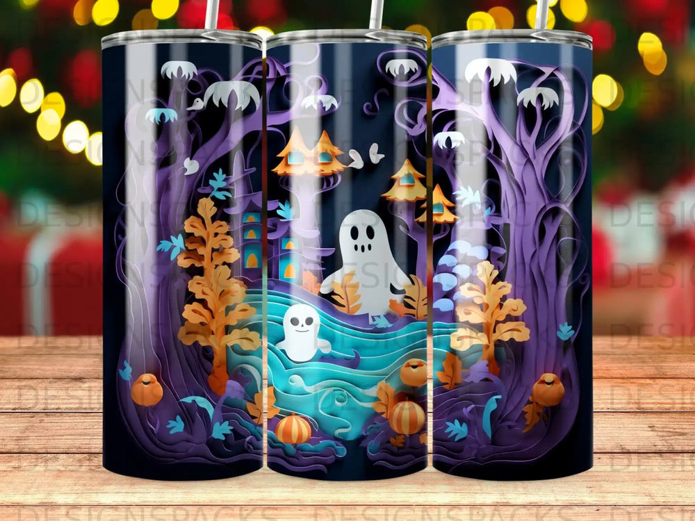 Layered paper cut art of a whimsical ghost in a haunted forest with pumpkins.