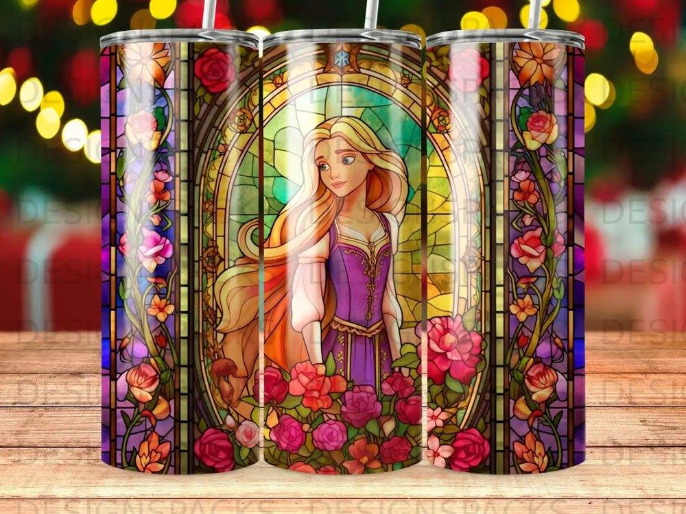 Rapunzel in stained glass surrounded by roses.