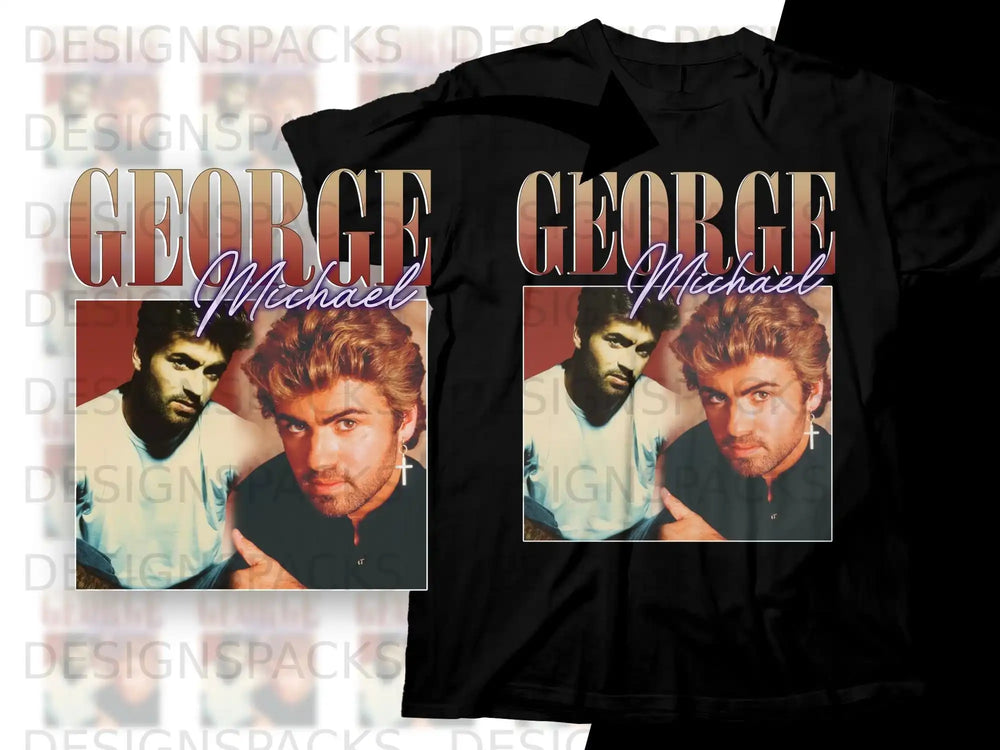 Two black t-shirts with George Michael graphic.