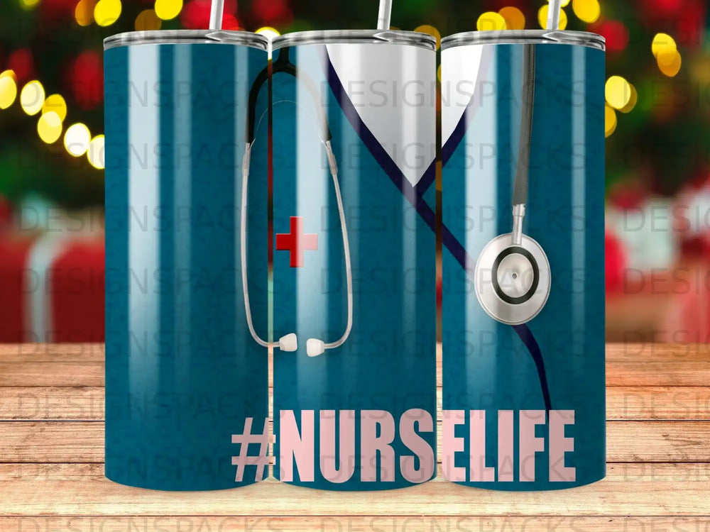 Tumbler with #NurseLife, red cross, and stethoscope design.