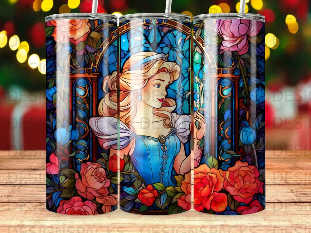 Cinderella in blue dress surrounded by stained glass roses.
