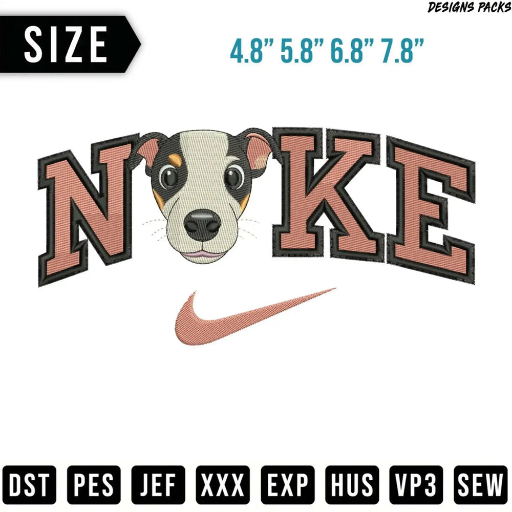 Embroidered dog face with "NOKE" and Nike swoosh logo.