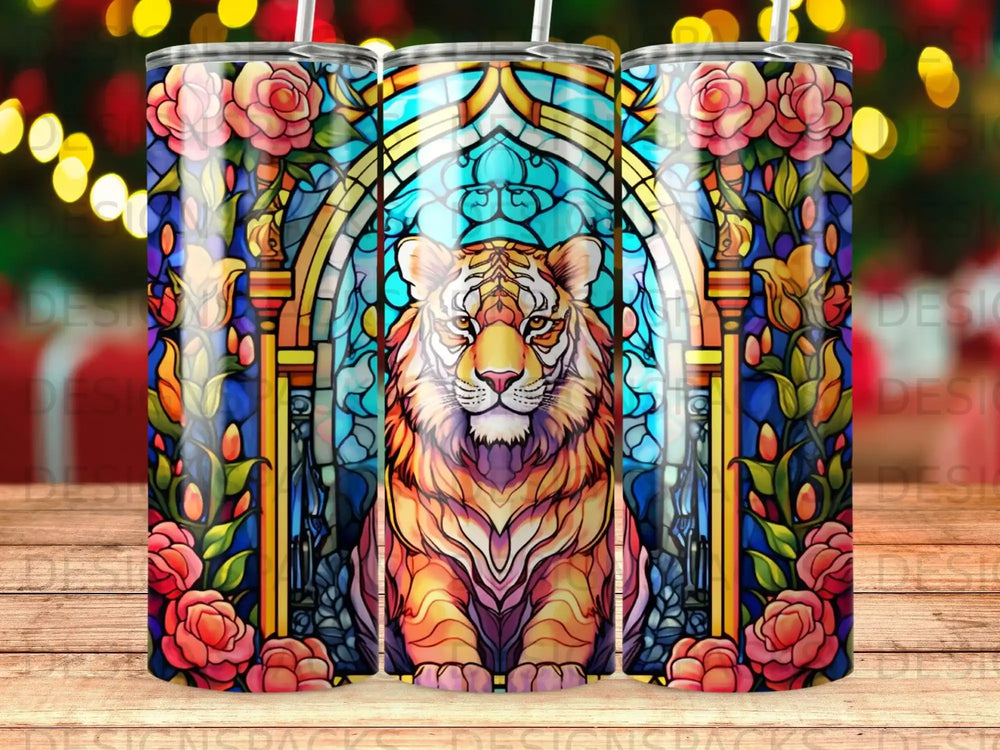 Tiger in stained glass window with roses design.