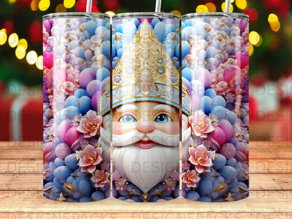 Santa Claus with blue and pink floral pattern on a tumbler.