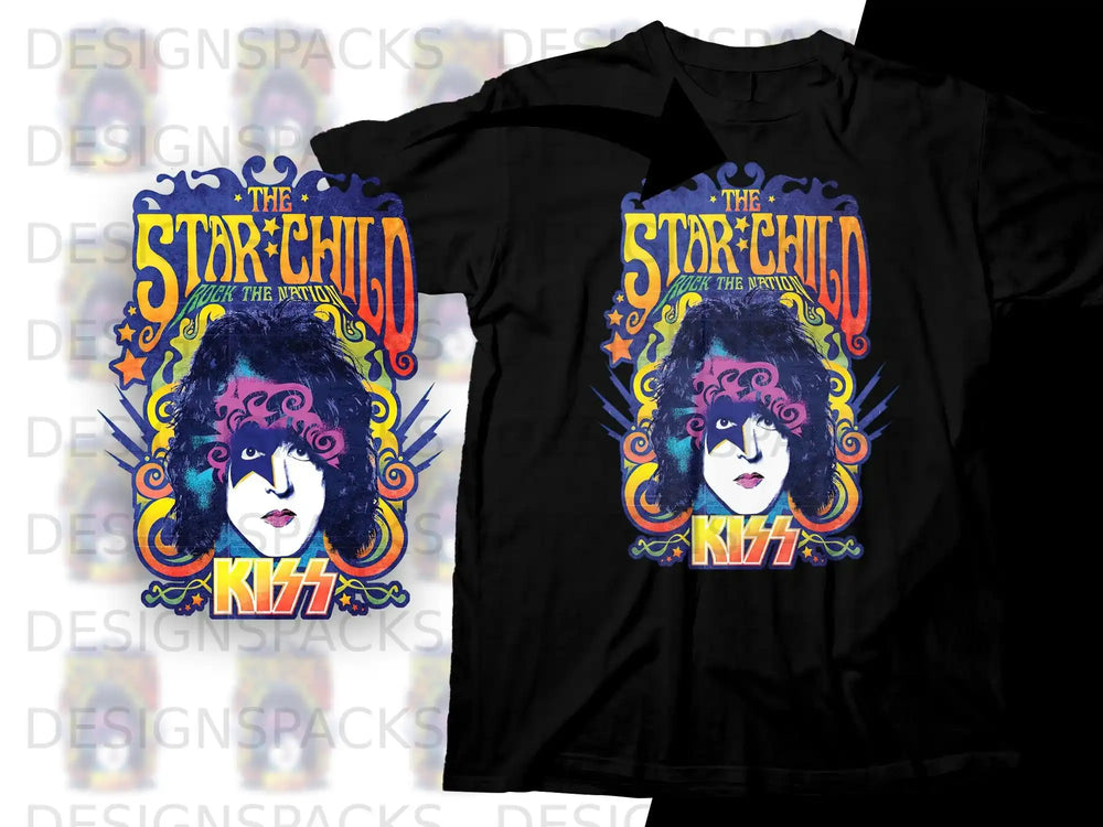 Black t-shirt featuring KISS Star Child logo with stylized face and stars.