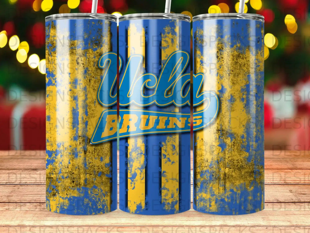 UCLA Bruins logo on a distressed blue and gold tumbler.