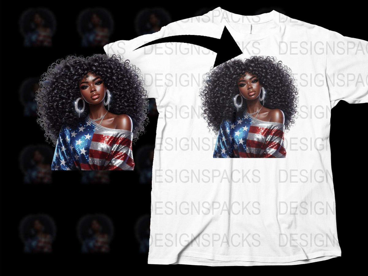 Afro American Woman Patriotic Shirt, USA Flag Print T-Shirt, Fashionable Casual Wear, Independence Day Apparel