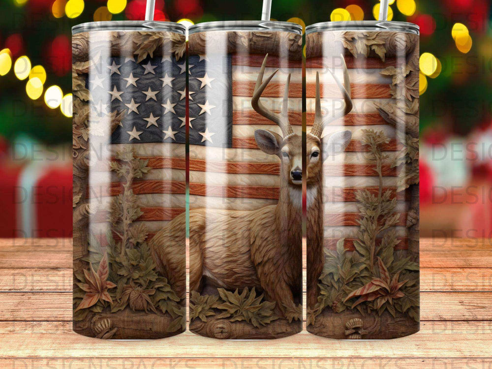 Deer and American flag design on a tumbler.