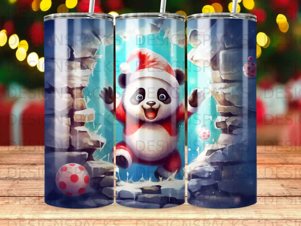 Panda wearing Santa hat and holding Christmas ornaments.