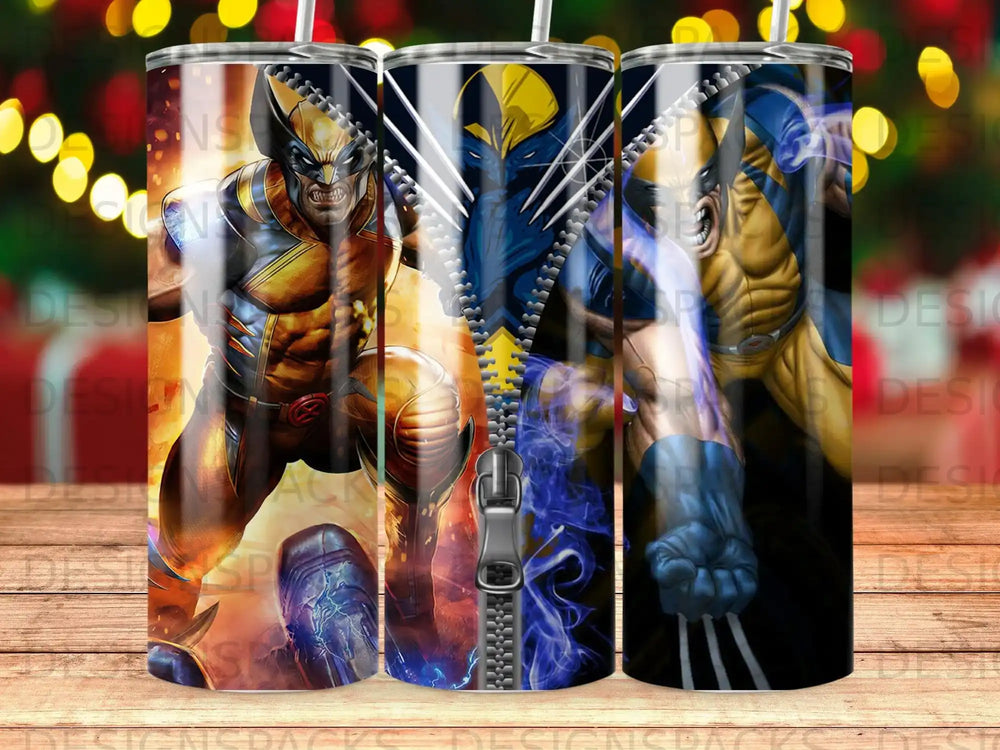 Wolverine in comic art style, with metal claws extended, on a tumbler.