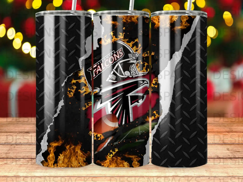 Atlanta Falcons logo with flames and torn metal pattern on tumbler.