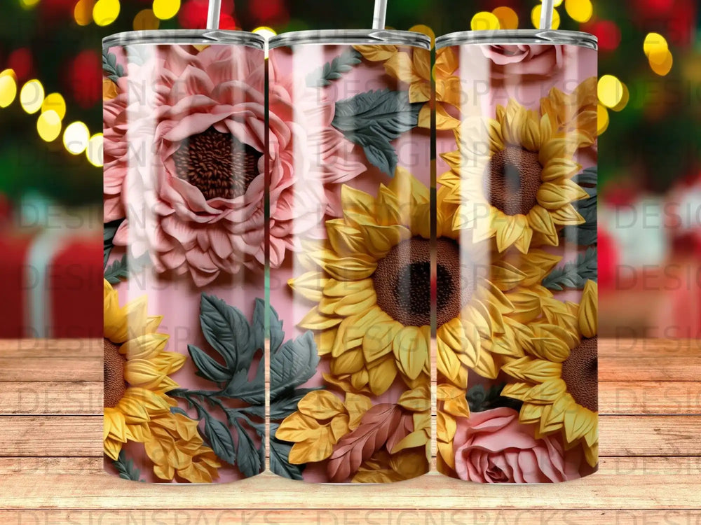 Pink floral and sunflower pattern on a tumbler.