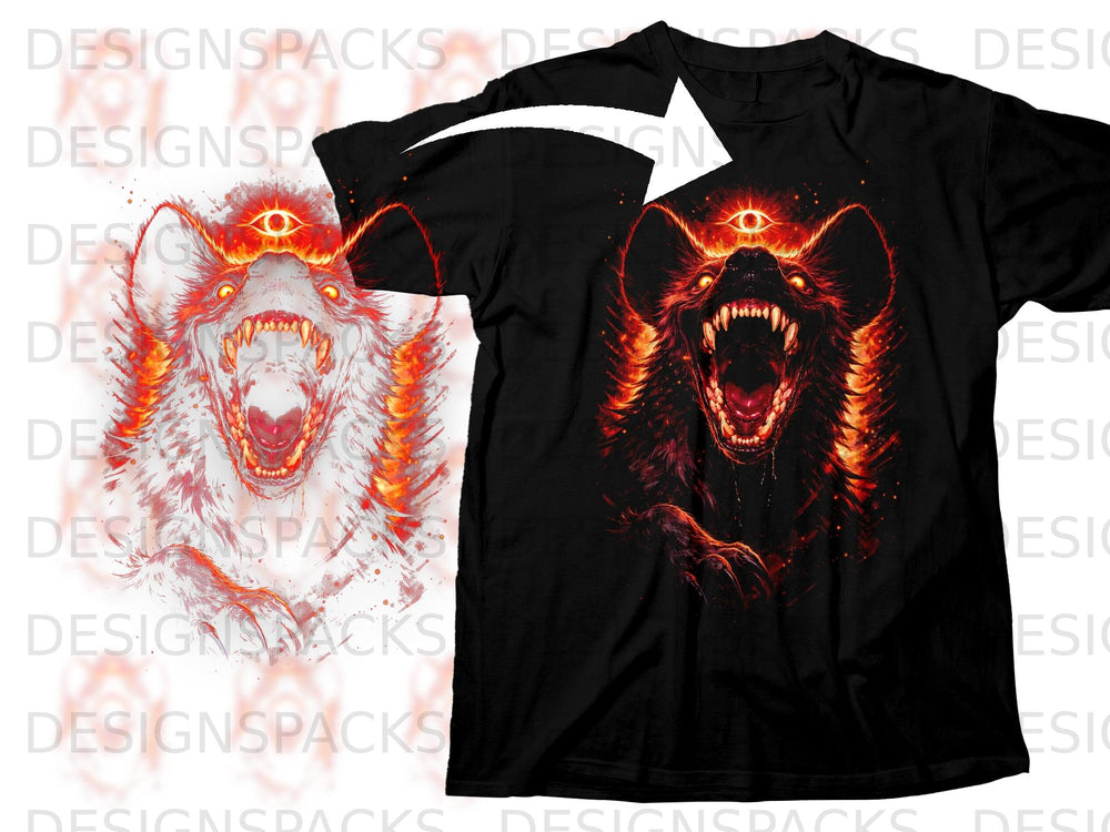 Black t-shirt with a fiery demon wolf design featuring a third eye.