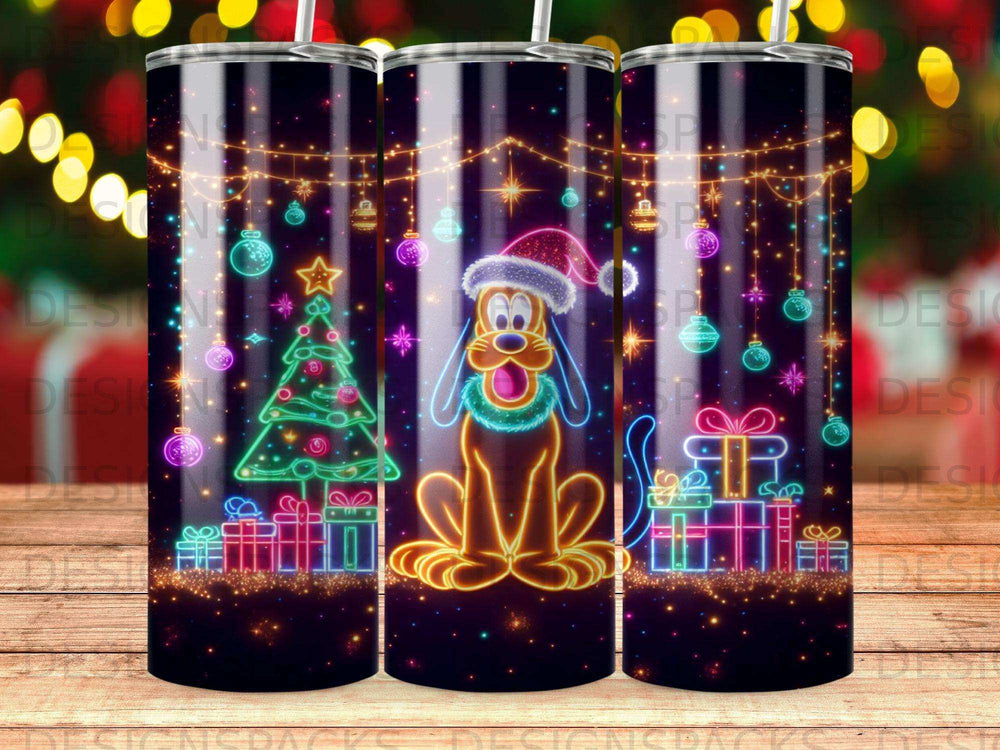 Pluto wearing Santa hat, Christmas tree, presents, festive lights on black background.