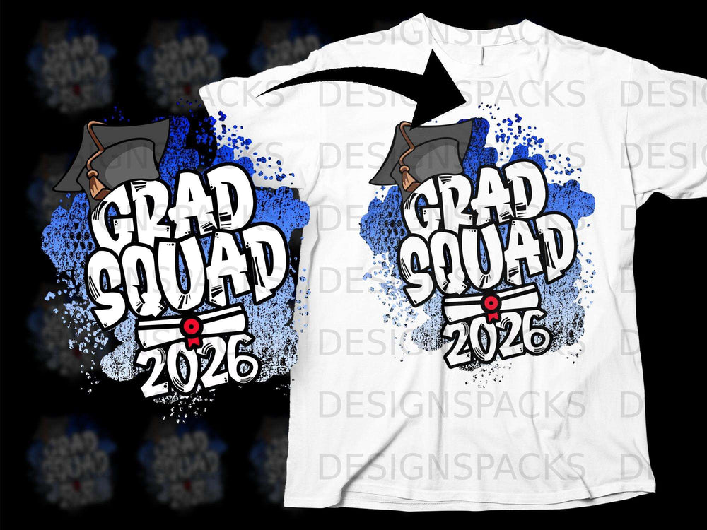 White t-shirt with "Grad Squad 2026" graphic featuring a graduation cap and diploma.