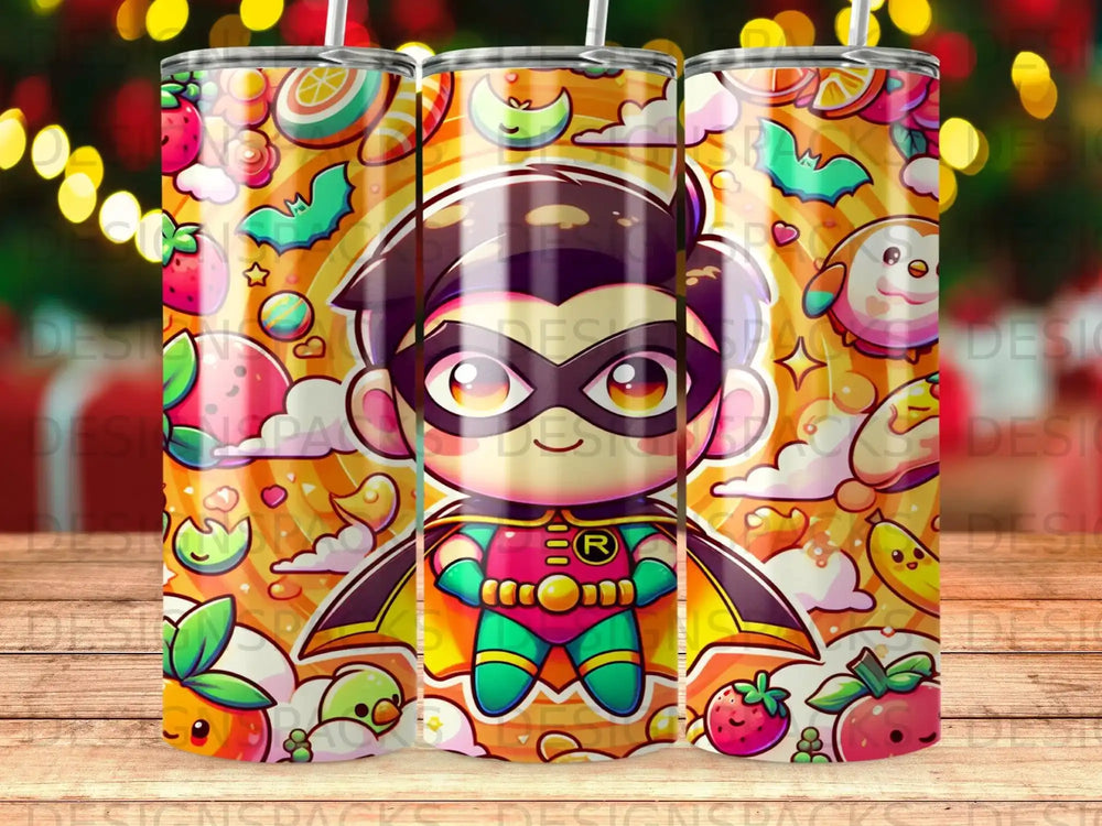 Chibi superhero with fruit and bird characters on a colorful background.