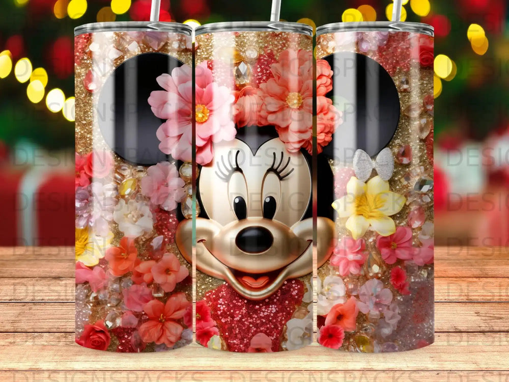 Minnie Mouse with floral and glitter details on a skinny tumbler.
