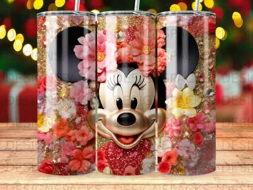 Minnie Mouse with floral and glitter details on a skinny tumbler.