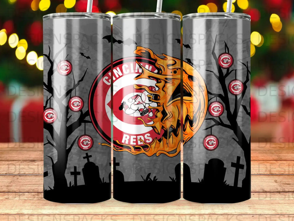 Cincinnati Reds Halloween tumbler with spooky trees and tombstones.