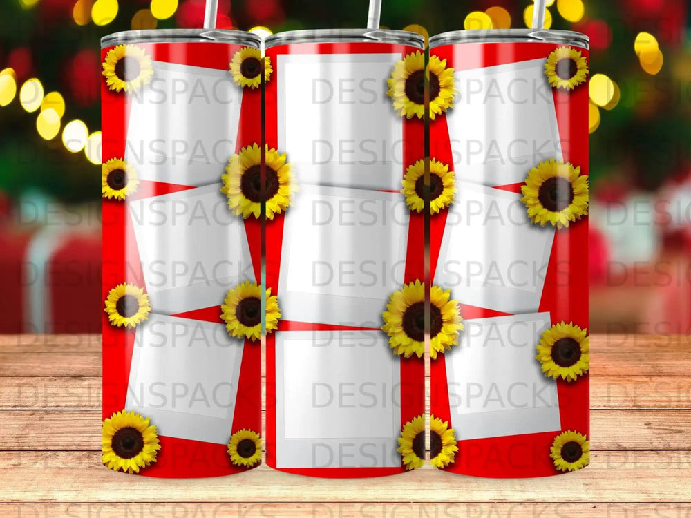 Red tumbler with sunflowers and empty photo frames.