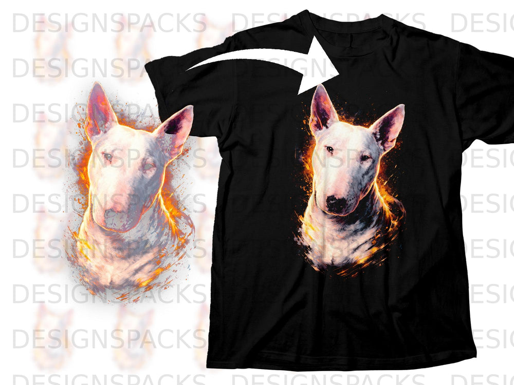 Black t-shirt with a graphic of a bull terrier surrounded by flames.
